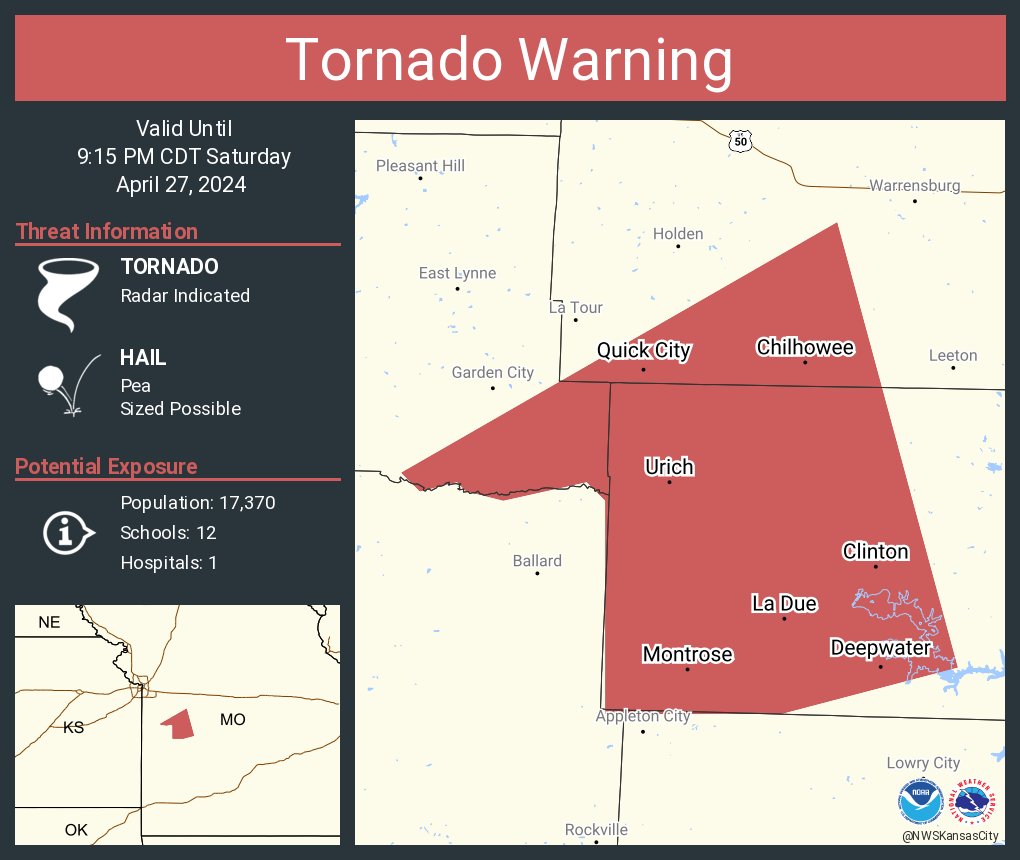 This graphic displays a tornado warning plotted on a map. The warning is in effect until 9:15 PM CDT. The warning includes Clinton MO, Urich MO and Deepwater MO.  This warning is for Southeastern Cass County in west central Missouri, Western Henry County in west central Missouri and Southwestern Johnson County in west central Missouri. The threats associated with this warning are a radar indicated tornado and pea sized hail. There are 17,370 people in the warning along with 12 schools and 1 hospital.