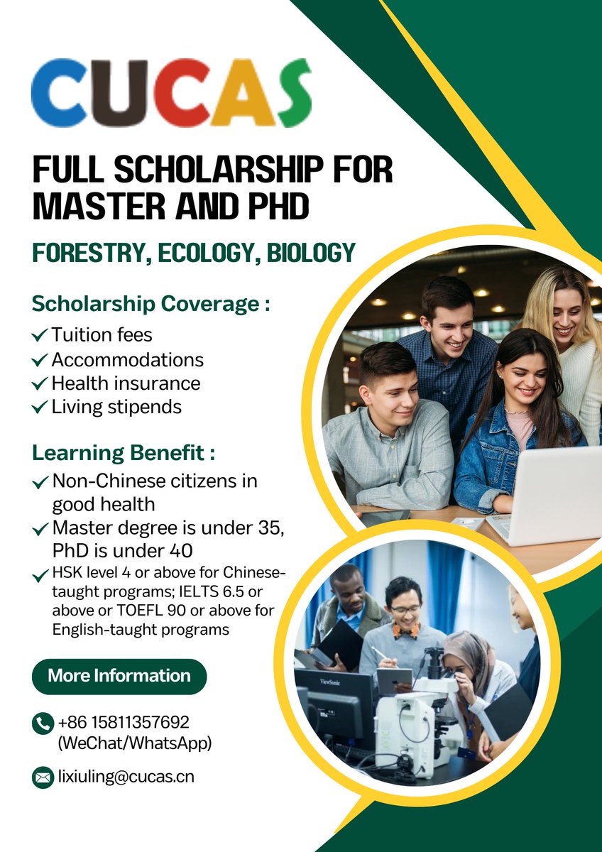 🎓Full Scholarship for Master and PhD (Forestry, Ecology, Biology)

✳City: Harbin 

🎙️Teaching language : Chinese and English 

⏰Application Deadline: May 20th, 2024

wa.me/c/8619133087692

#studyinchina #scholarship #universities