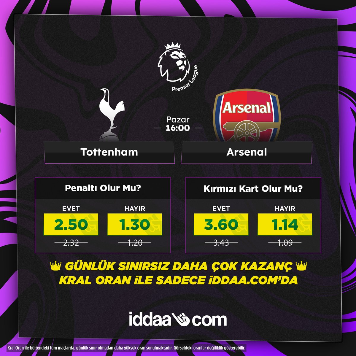 ⚽ Premier Lig'de Kuzey Londra Derbisi: #Tottenham - #Arsenal 👑 Çok sayıda oyun seçeneği ve Kral Oran için iddaa.com'u ziyaret et!