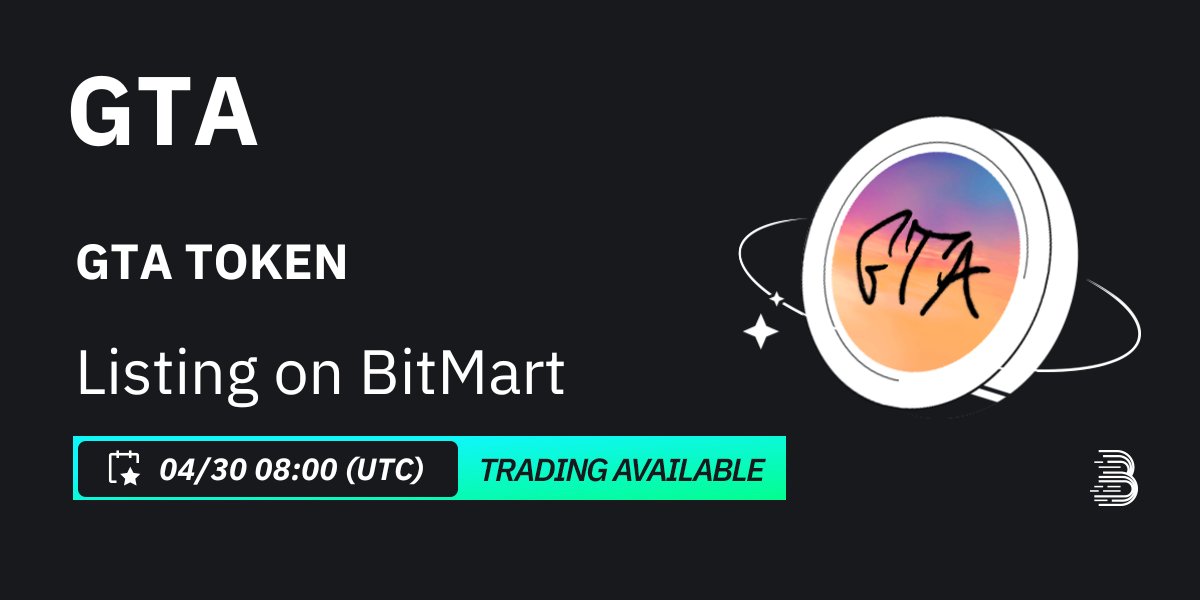 #BitMart will list GTA TOKEN (GTA) @GTArbitrum on our digital assets platform on April 30, 2024 🤩 💰Trading pair: $GTA/USDT 💎Deposit: 4/28/2024 08:00 AM UTC 💎Trading: 4/30/2024 08:00 AM UTC Learn more: support.bitmart.com/hc/en-us/artic…