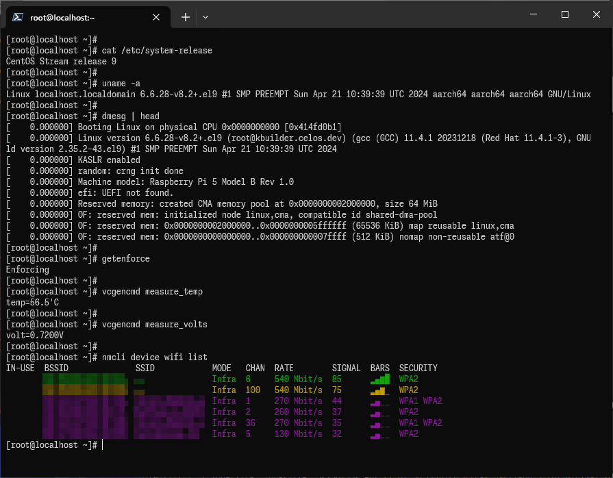 とりあえずこんだけ動いてりゃ遊び用としてはいいっすかね( ˘ω˘ )
- CentOS Stream (Userland) 9
- raspberrypi-kernel 6.6.28
- Raspberry Pi 5
- SELinux
- Wi-Fi