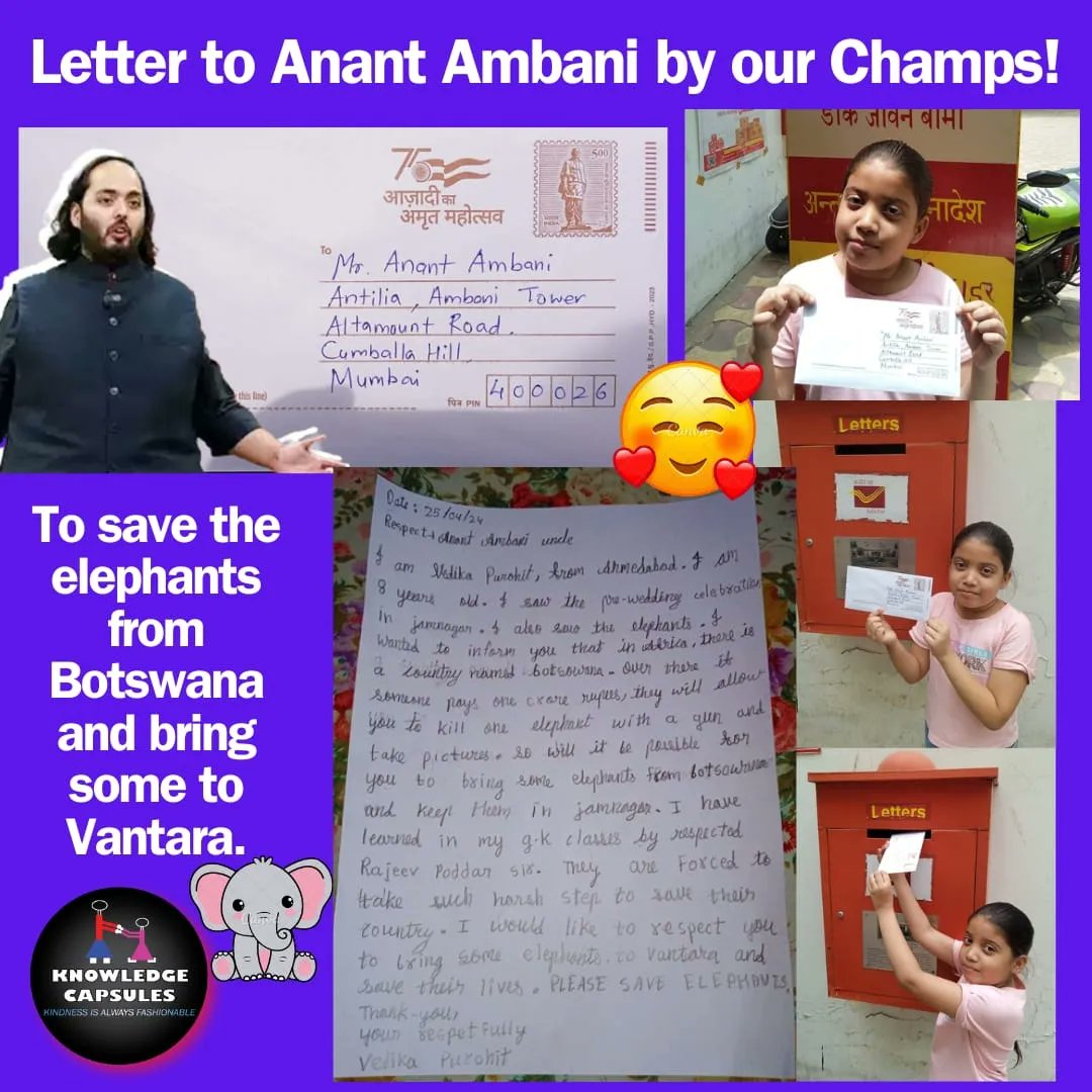 Hopefully Mukesh Ambani will take notice of movement to save the 🐘 
The kids in our KC 2 KBC are  writing personal letters.❤️
Any kid aged 5+ can join our classes.
Contact 98315 99899. 🙏
instagram.com/p/C6S1y_nrZFA/…
 #SaveTheElephants 🐘#mukeshambani #vantara
#modi #modikiguarantee