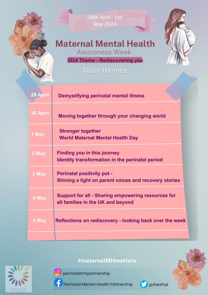 Supporting @PMHPUK this week by sharing their content for Maternal Mental Health Awareness Week. Here are the daily themes: #maternalMHmatters