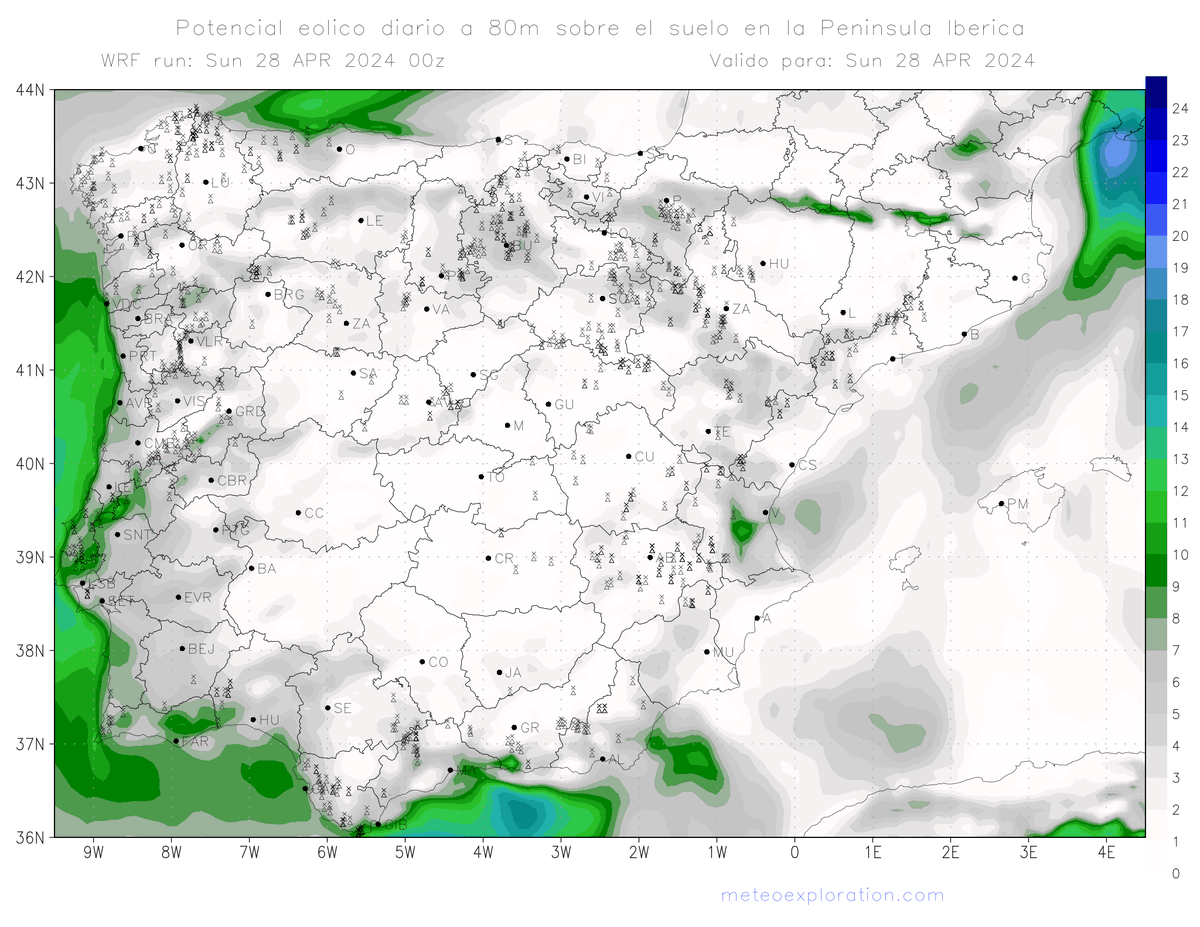 Potencial eólico medio hoy en la Península Ibérica: 15% Máximo de 49% en 36.05, -5.57 meteoexploration.com/es/energy/#win…