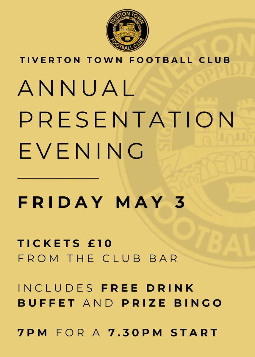 Our Annual Presentation Evening is this coming Friday. An enjoyable evening with the Players, Management and Supporters. Tickets are £10 and that includes a free drink, buffet and prize bingo. Email contact@tivertontownfc.co.uk or message via 'X' to grab one ⬇️