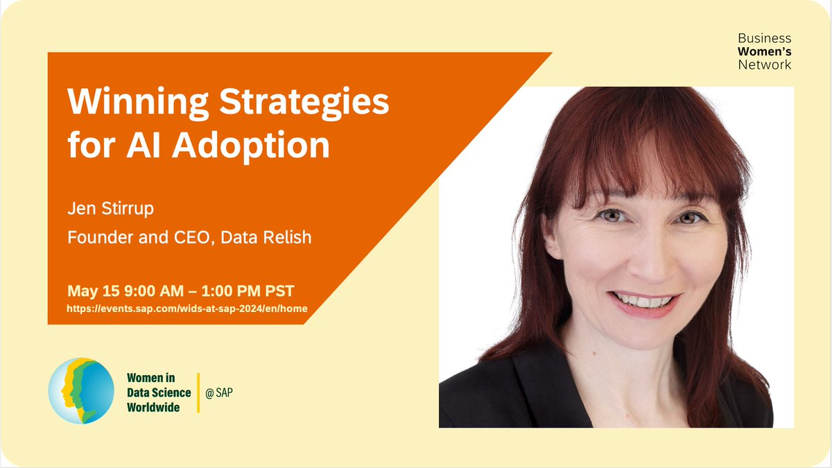 🌟 Excited to announce I'll be speaking on 'Winning Strategies for #AI Adoption' at the SAP Women in #DataScience event 🚀 on 15th May! 👩‍💻 WiDS @ SAP 2024 dives into the future of Data Science with a vision: 'The Power of Data Science & AI for a Better World.' 🌍✨ 🎤 Joining…