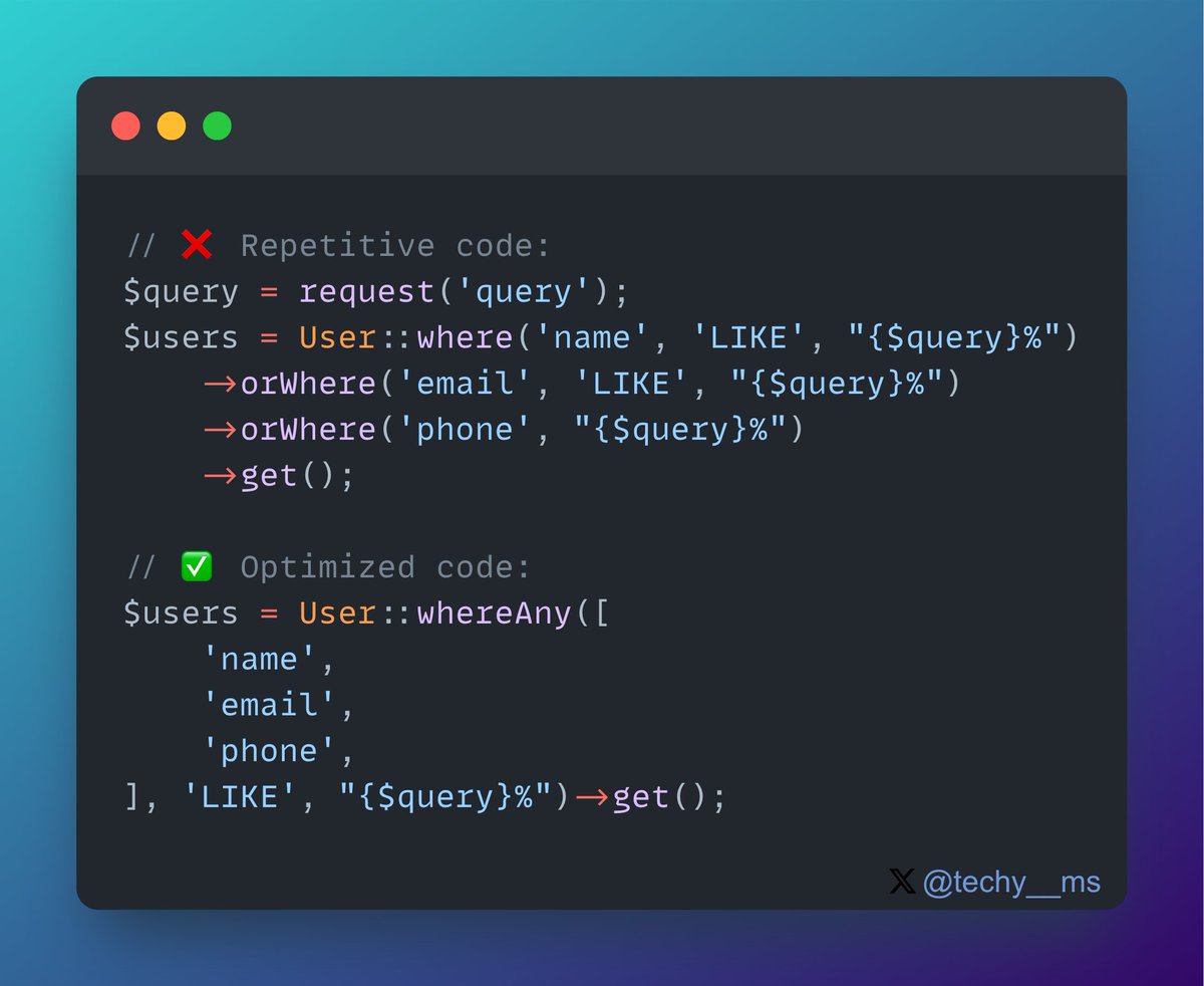 💡Laravel Tip: Optimize your Laravel queries with elegance! 💻✨ Here's a neat tip for efficiently searching across multiple columns. Say goodbye to repetitive code and hello to cleaner, more concise queries! 🚀 #php #laravel #laraveltips