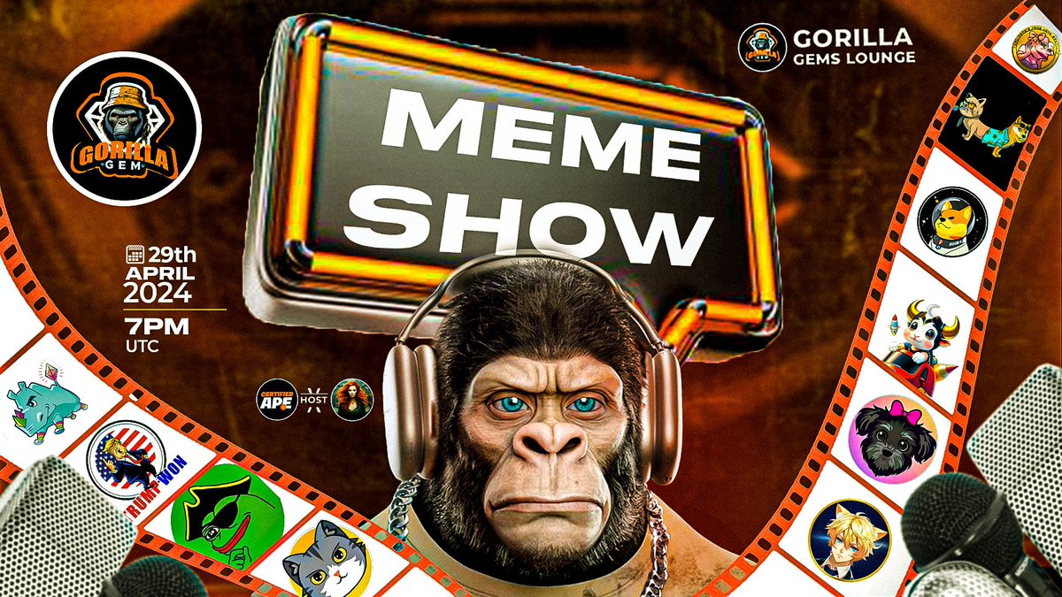 🎉Hurray! 
It's the meme season show! Great Line up and open for all memers! 

📆 Date: Monday, 29th, April, 2024 
🕣 Time: 7pm UTC 
Attend, connect and let's have a great time tomorrow. 
Follow <a href="/GorillagemsX/">Gorilla Gems Crypto</a> and be a part of the conversation and win some awesome prizes. LFGGGGGG