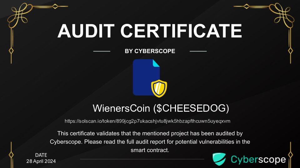 We just finished auditing @WienersCoin Check the link below to see their full Audit report. cyberscope.io/audits/cheesed… Want to get your project Audited? cyberscope.io #Audit #SmartContract #Crypto #Blockchain