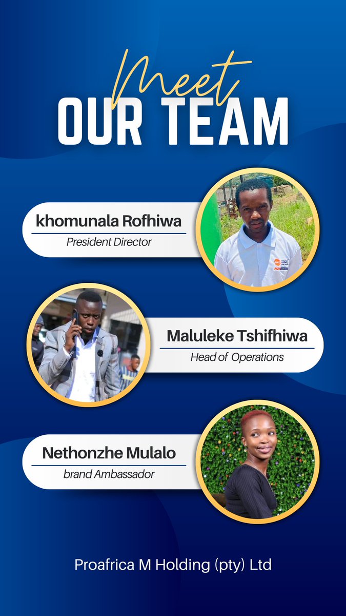 Meet our team

Proafrica M Holding (pty) Ltd  is a Limpopo-based construction and sales_marketing firm. 
#AfricanLeadingGroup 
#constructioncompany 
#sales_marketingfirm