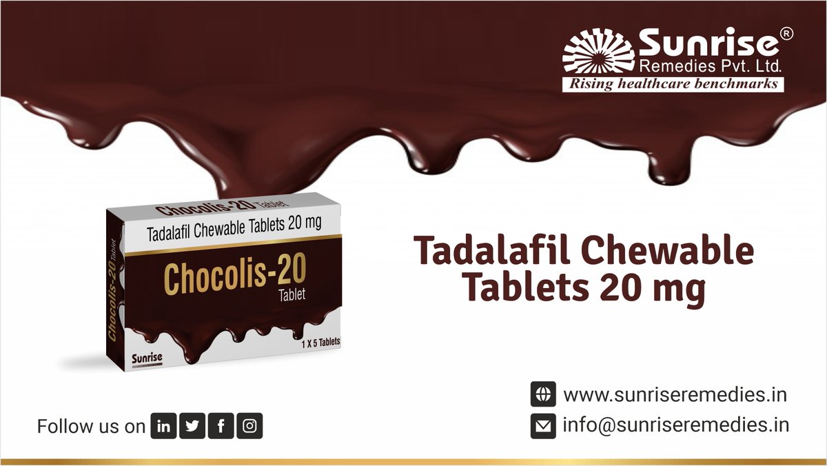 Cozy Moments With Chocolis Chewable Contains #TadalafilChewable.

Read More: sunriseremedies.in/our-products/c…

#ChocolisChewable #TadalafilProducts #Erectiledysfunction #EDTreatment #PETreatment #ImpotenceProducts #CureEDProblem #CurePEProblem #ManPowerProducts #PharmaManufacturers