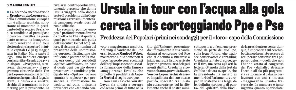 Qual è il destino di von der Leyen? La sua seconda incoronazione non è scontata. Il Ppe l’ha candidata con poco entusiasmo e la maggioranza Ursula non esiste più: Macron la sostituirebbe volentieri con una “maggioranza Mario”(Draghi). Il sistema degli “Spitzenkandidaten”sotto le…