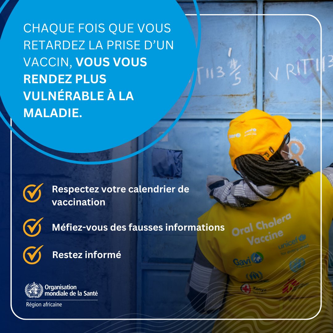 OmsTchad's tweet photo. Chaque fois que vous retardez la prise d’un vaccin, vous vous rendez plus vulnérable à la maladie.

Voici comment rester protégé :
✅respectez votre calendrier vaccinal
✅méfiez-vous des fausses informations
✅restez informé

Vaccination en temps opportun = une vie plus saine ! https://t.co/KOytE8I5AY