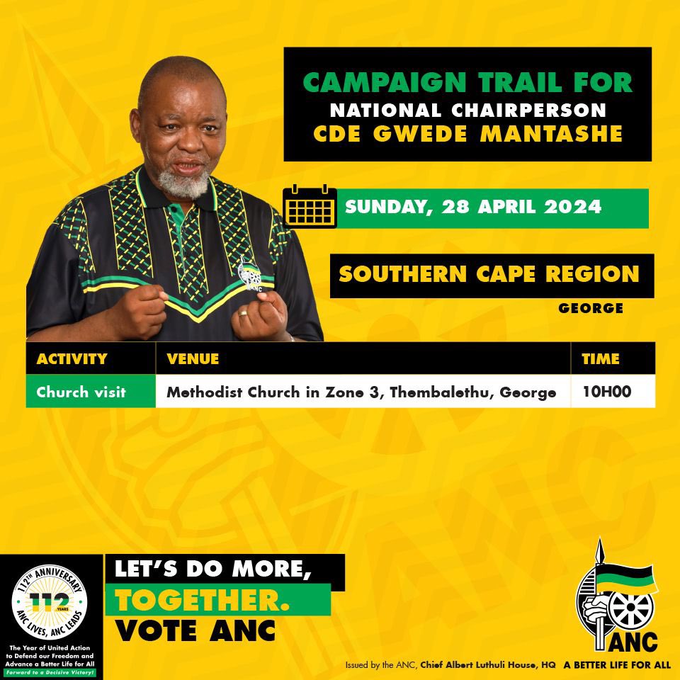 #ANCInChurch ⚫️🟢🟡

Today the ANC National Chairperson, Cde Gwede Matanshe will join congregants at the Methodist Church in Zone 3, Southern Cape Region, George. 

#VoteANC
#VoteANC2024 
#LetsDoMoreTogether