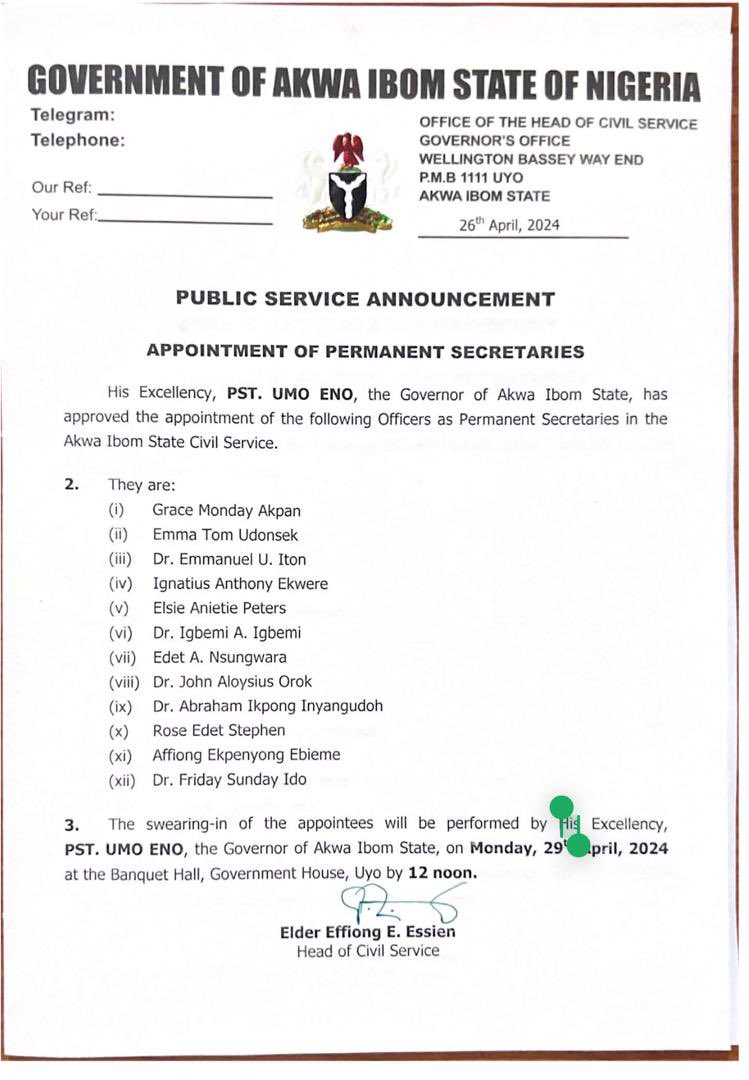 Swearing-in of new Permanent Secretaries holds tomorrow by Noon at the Government House Banquet Hall