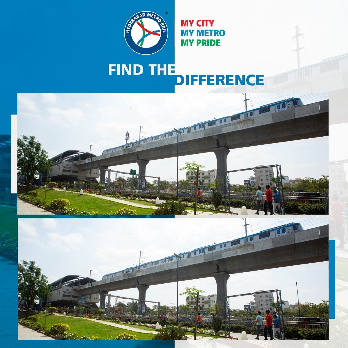 Spot the differences faster than our trains zooming through the city! Hyderabad Metro: Where even finding 6 differences is a fun ride. #landtmetro #mycitymymetromypride #metroride #HyderabadMetro #MetroRail #metrostation #publictransport #TimeOfYourLifeWithHyderabadMetro