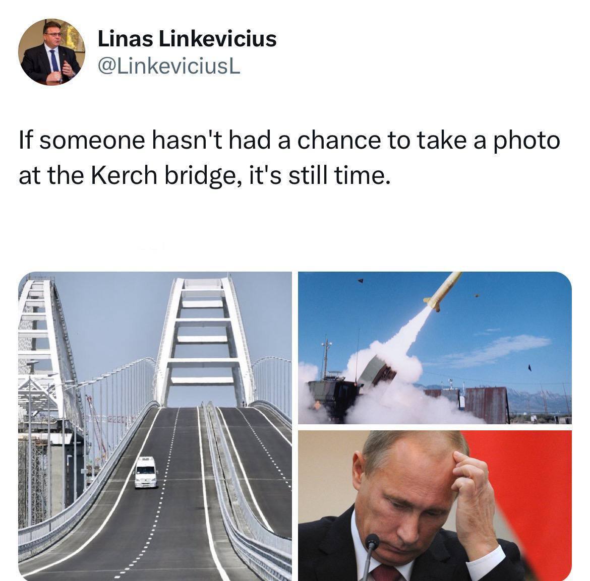 The Lithuanian Ambassador to Sweden published a post with a hint of impending attacks on the Kerch Bridge (*Crimean Bridge).

 “If anyone hasn’t had the opportunity to take a photo on the Kerch Bridge, now is the time,” he captioned the photo.

#CrimeaIsUkraine #Ukraine  #Crimea