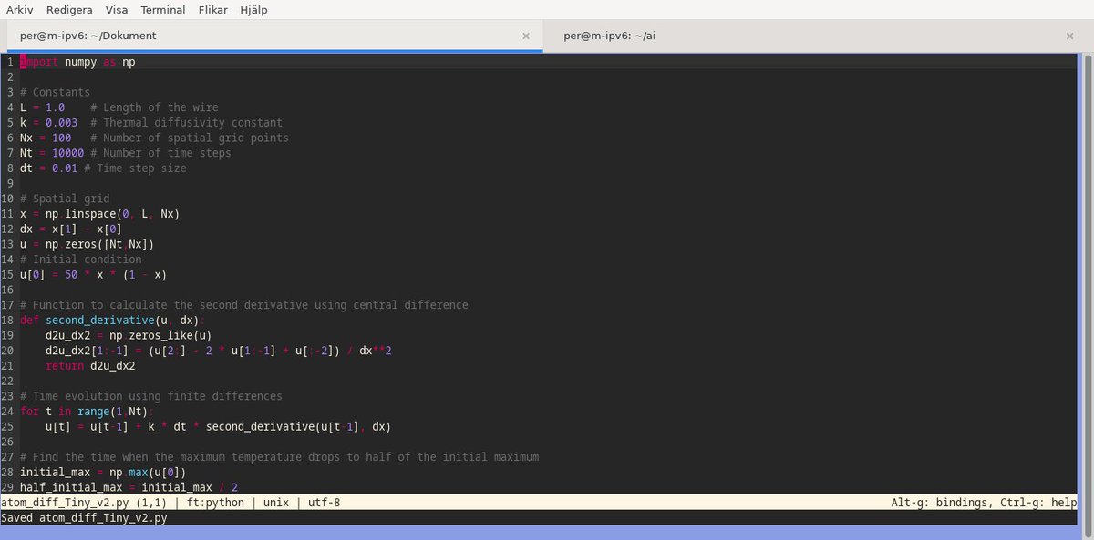 #Python -  Change functions in numpy and python pip modules so that the simplest ai can understand.

t_half_max = np.searchsorted(u, half_initial_max) * dt # Error by ai.