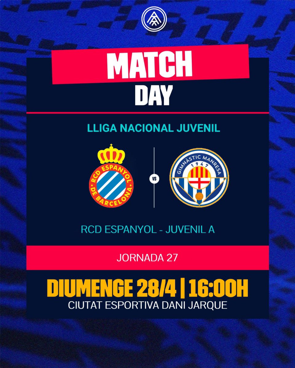 𝑫𝑰𝑨 𝑫𝑬 𝑷𝑨𝑹𝑻𝑰𝑻

⚽️ Lliga Nacional Juvenil - Jornada 28
🆚 RCD Espanyol
🕘 16:00h
📍 Ciutat Esportiva Dani Jarque

#SempreEndavant