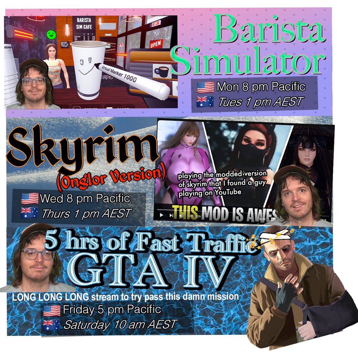 stream schedule! making coffee, playing the horny modded version of Skyrim that I have PAINSTAKINGLY removed nudity from and then an extra long 5 hour stream seeing if I can pass the new roadblock mission in Fast Traffic GTA IV