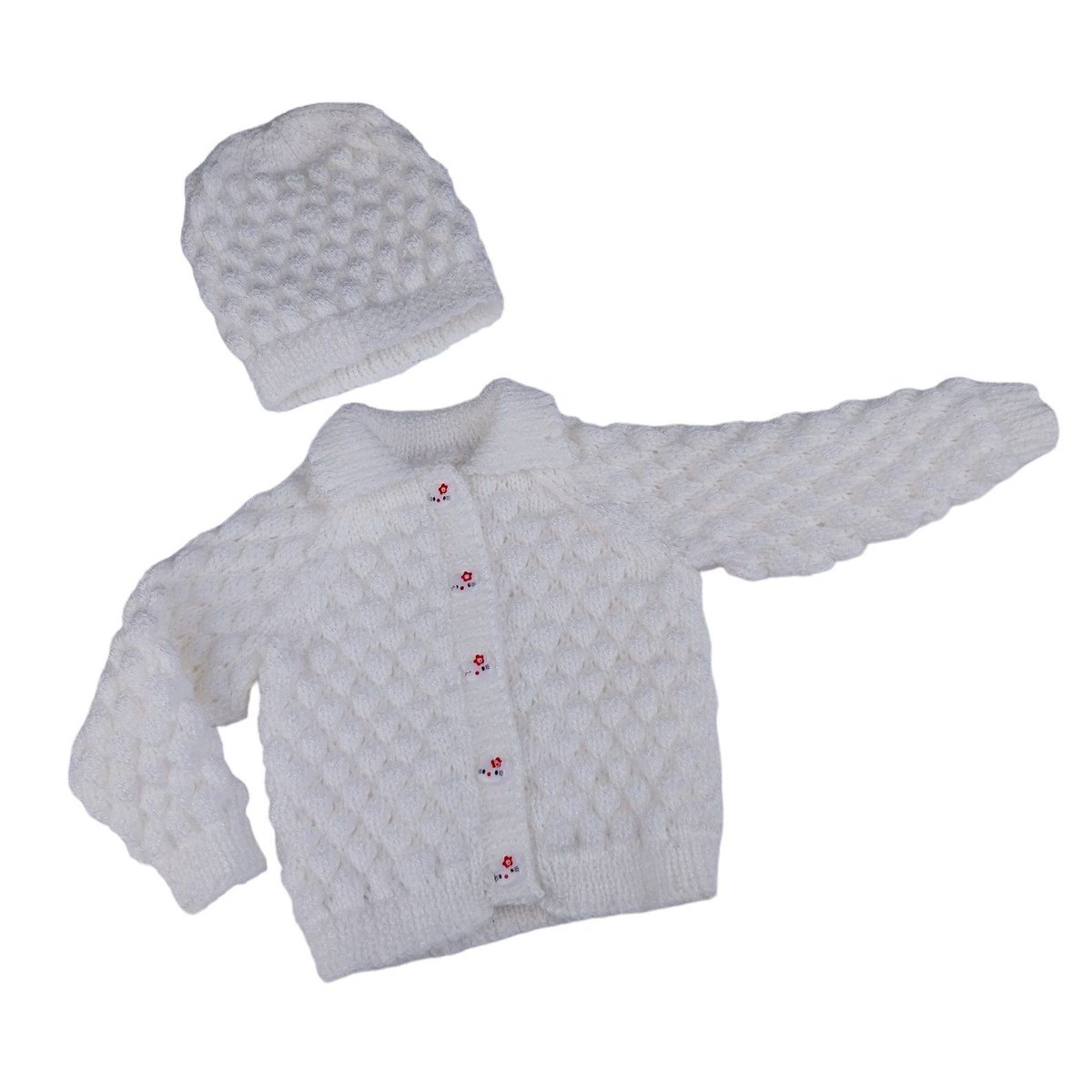 Matching baby cardigan and hat hand knitted in white bubble stitch pattern to fit it 9 - 18 months knittingtopia.etsy.com/listing/168446… #knittingtopia #etsy #handmade #babyshowergifts #craftbizparty #MHHSBD
