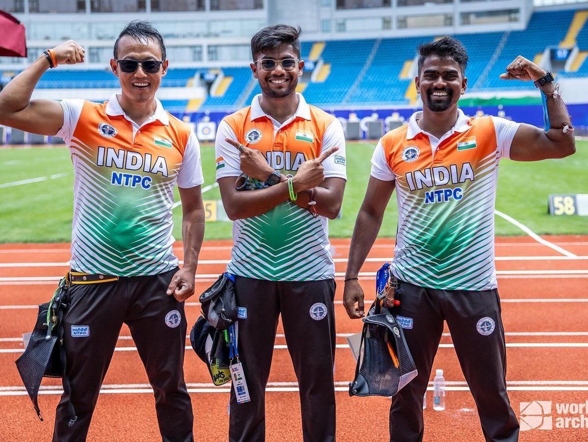 🇮🇳Indian trio of Dhiraj Bommadevara, Tarundeep Rai and Pravin Jadhav shocked reigning Olympic champions of South Korea in the Recurve Men's Team event to claim gold at #ArcheryWorldCup in Shanghai. 

This is the first-ever triumph of the Indian men’s recurve team over the archery
