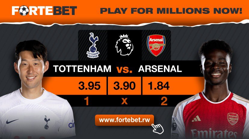 Shampiyona y’u Bwongereza igeze ahakomeye, ariko n’amahirwe yo kwegukana akayabo hamwe na @Fortebet_Rwanda arahari. Umukino uhuza #Tottenham na #Arsenal iharanira igikombe, wagusigira agatubutse!