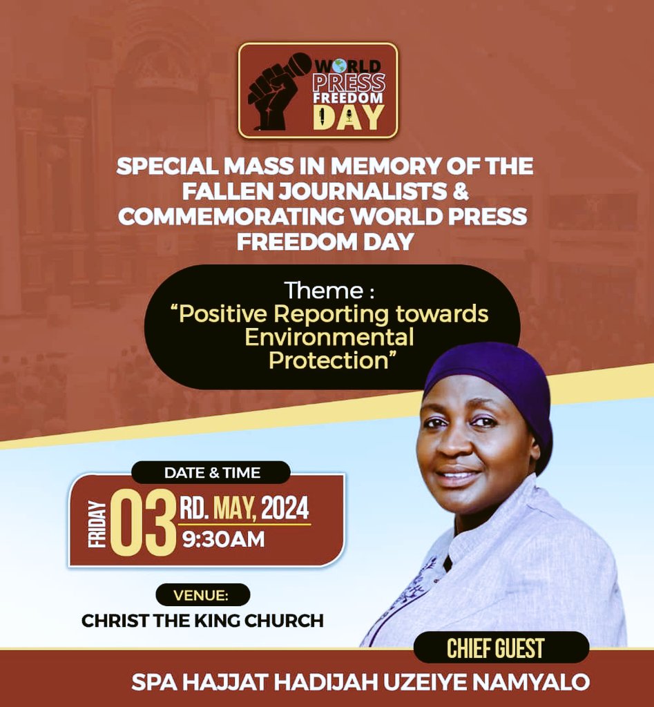 ONC' Namyalo to grace the World Press Freedom Day. 
According to Uganda Journalist Association President, Mr. Rukundo, there will be a special mass in memory of the fallen journalists and commemorating World Press Freedom Day.
#FreemanNewsUG.