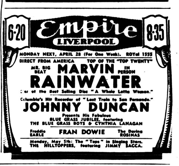 66 years ago today Marvin Rainwater and Johnny Duncan began a week of shows at the Liverpool Empire. Read all about it: liverpoolmiscellany.blogspot.com/2024/04/last-t… contains asteroids, tuberculosis, obligatory Beatles references and much more.