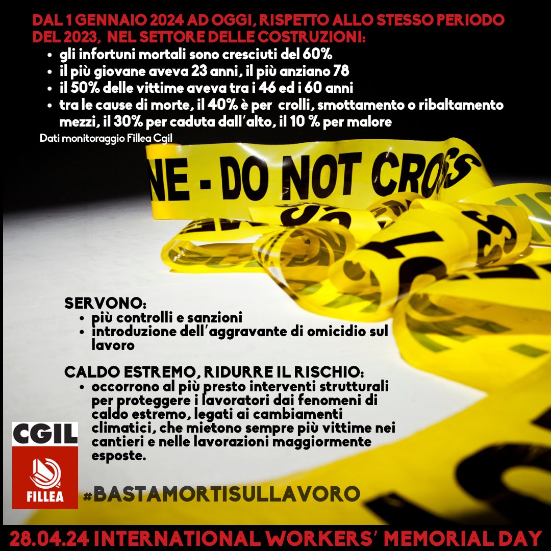 BASTA MORTI SUL LAVORO! #28aprile Giornata mondiale per la salute e la sicurezza sul lavoro. #safeday2024 #internationalworkersmemorialday
#bastamortisullavoro