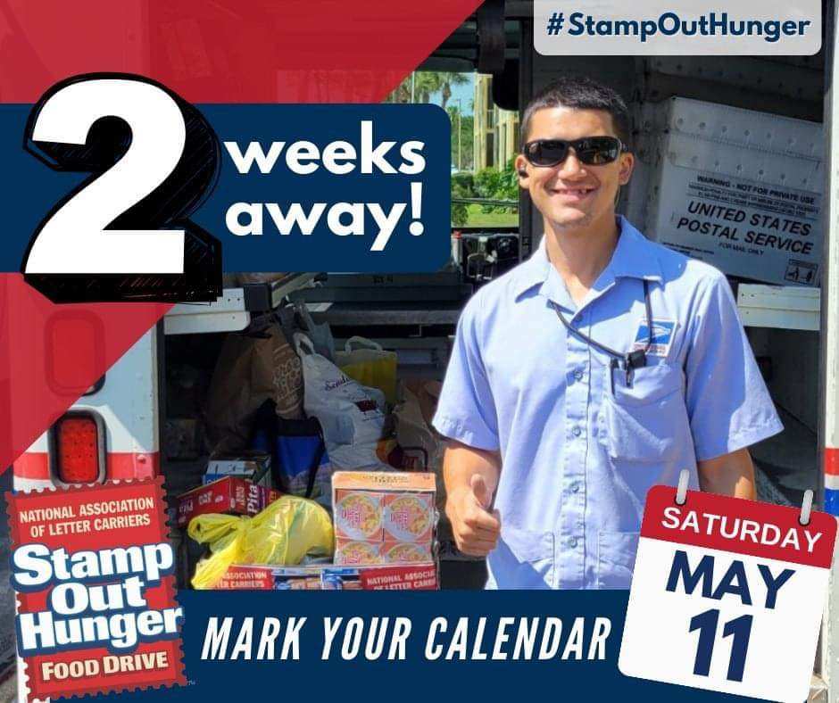 We're only 2 weeks out from this year's #StampOutHunger Food Drive! Supporting your local food bank by participating in the food drive is simple. On Saturday, May 11, leave a food donation at your mailbox. Your letter carrier will take care of the rest! 📭 @NALC_National