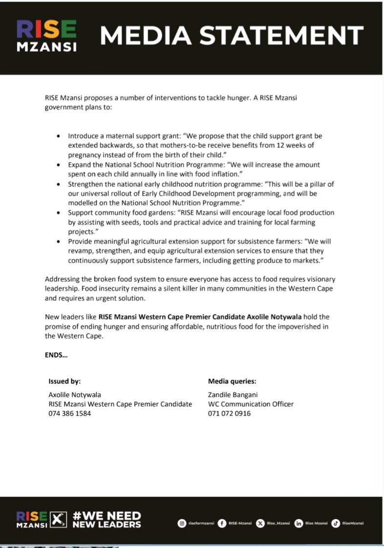 [MEDIA  STATEMENT] RISE Mzansi, led by @AxolileNotywala, Western Cape Premier Candidate, has a plan to tackle hunger in the province. 
 
 #AxolileForWCPremier #WeNeedNewLeaders