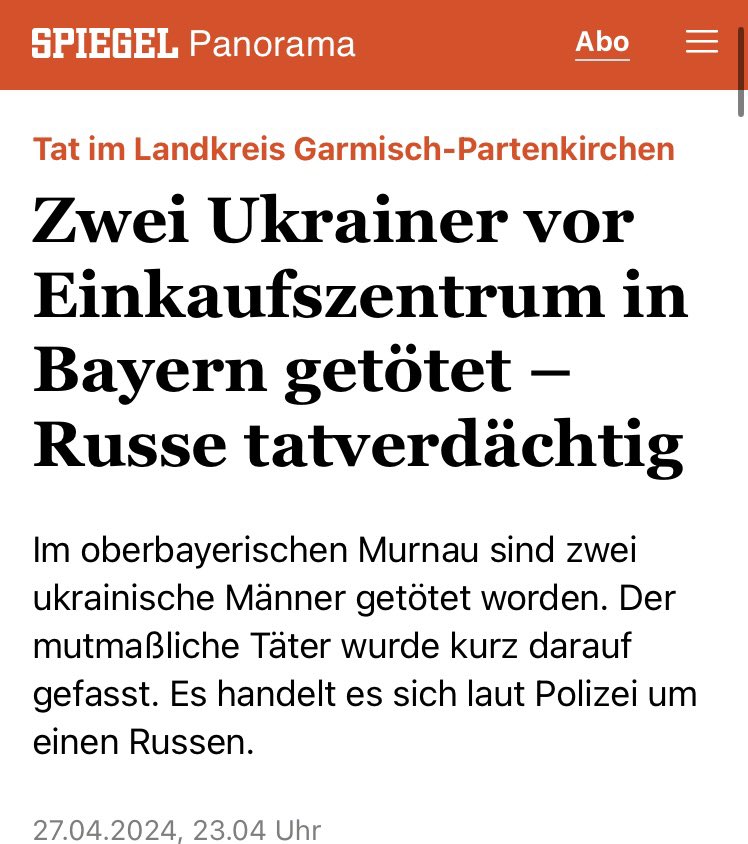 A Russian male murdered two Ukrainians in Germany yesterday. Before, reportedly a Russian couple killed a Ukrainian mother to kidnap her baby - in Germany. Before, two Ukrainian teenager were stabbed in Germany allegedly out of anti-Ukrainian hate. German politicians keep silent.