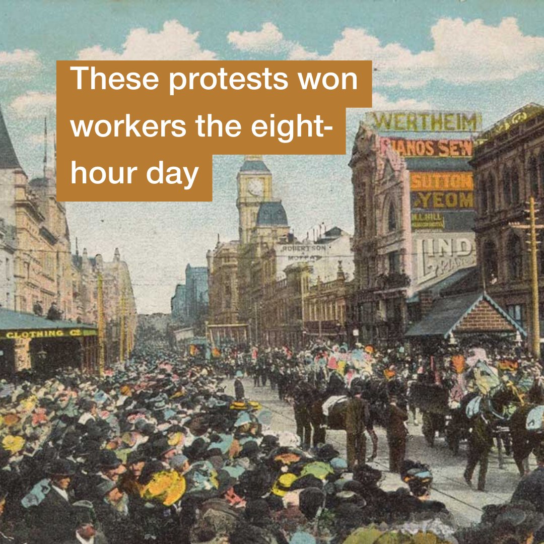In April 1856 Melbourne stonemasons put down their tools in protest for an eight-hour work day. ⚒️ More: bit.ly/36RSH9K 📷: An eight-hour day parade in Bourke Street, Melbourne, 1907. State Library of Victoria