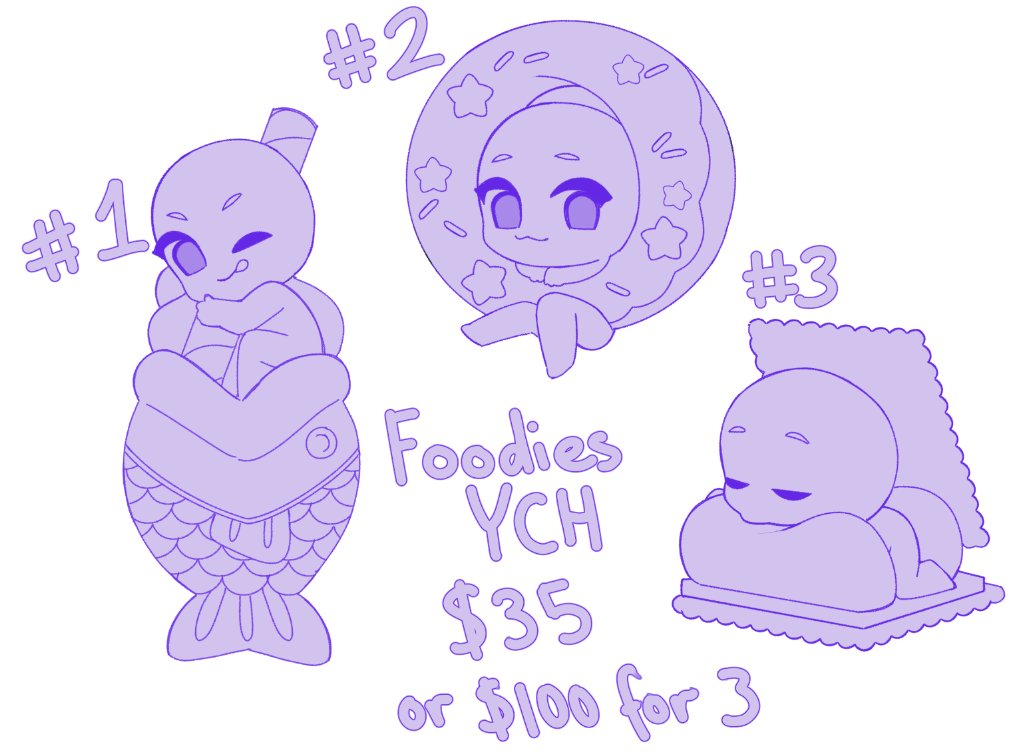 ko-fi.com/c/29ba285501
Foodies YCH $35USD

 ⋆ 1500x1500
 ⋆ TRANSPARENT
 ⋆ Humanoid/ Flat-Face Furry OK!
 ⋆ Please no OVERLY detailed characters, I may refund you if I feel they are not within my skill.
 ⋆ $100 for all 3 !

10 SLOTS