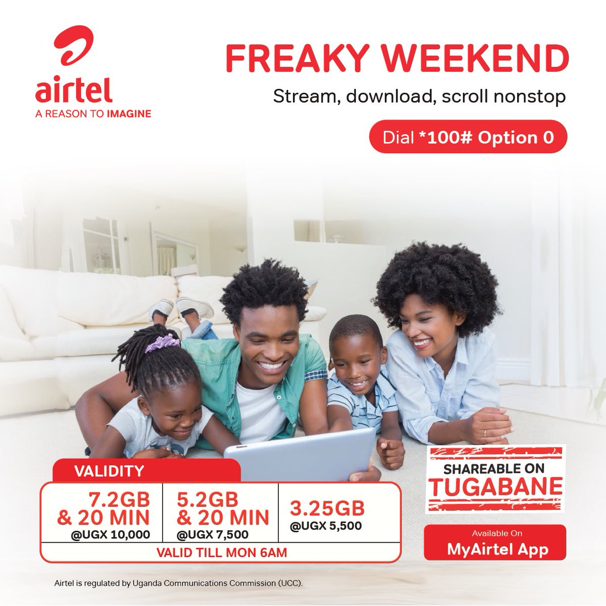 Use your #FreakyWeekend bundle to keep the 'fam' engaged. Dial *100# or get your bundle on #MyAirtelApp airtelafrica.onelink.me/cGyr/qgj4qeu2 for uninterrupted fun!