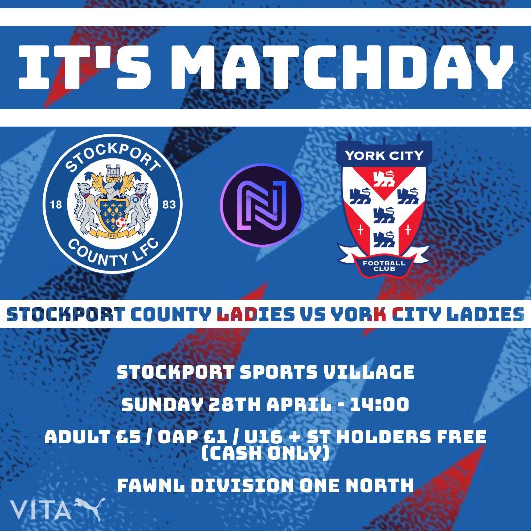 𝗜𝘁'𝘀 𝗠𝗮𝘁𝗰𝗵𝗱𝗮𝘆 🔵 ⚪ 

Steve O'Hara's side welcome York City Ladies to Stockport Sports Village this afternoon, looking to pick up 3 vital points!

We'd love to see you bring that spectacular support for one final time this season 🎩 

#StockportCounty | #WeArenational