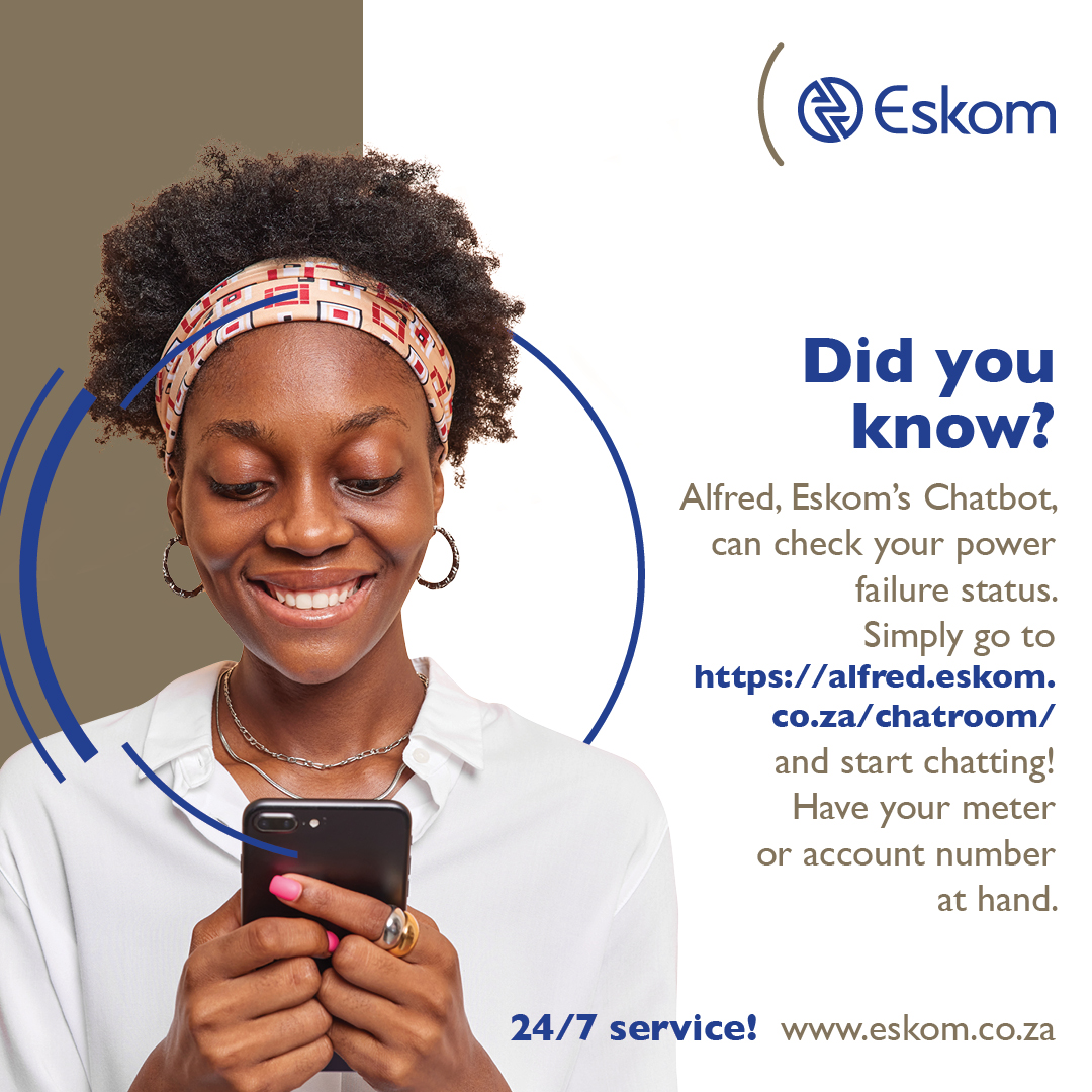 Experience the simplicity of getting real-time power outage updates with Alfred Chatbot. All it takes is a visit to alfred.eskom.co.za/chatroom/ and starting a chat to instantly verify the status of any faults. Stay in the know with this convenient tool!