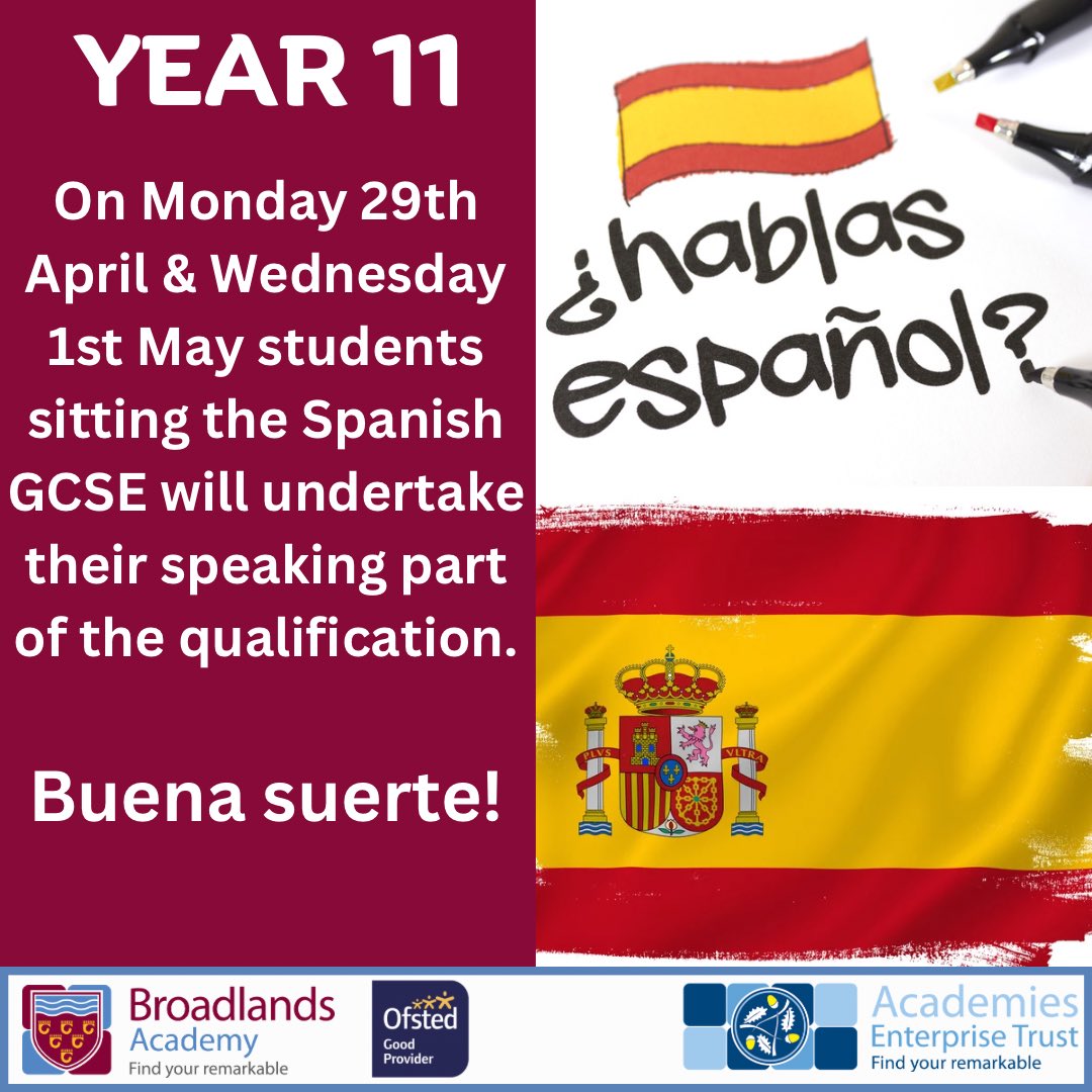 Good luck to our Year 11s making final preparations for their Spanish speaking exams this coming week. 
#lifeataet #gcse2024 #oneaet
