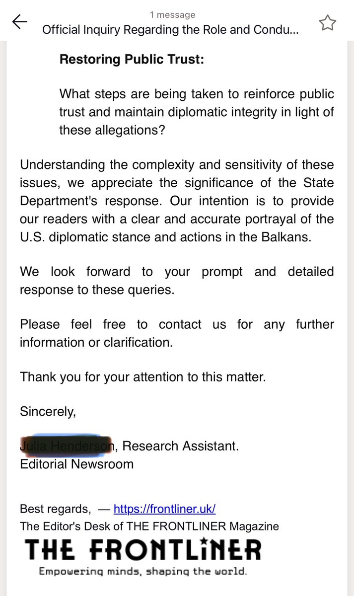 HERE IS OUR EMAIL, WHATS’s YOURS? On March 22, 2024, 🇬🇧 @FRONTLINER_UK Magazine published an article 🔗: frontliner.uk/gabriel-escoba… - with documented allegations that suggested the integrity of 🇺🇸 US Envoy Gabriel Escobar's mission to Pristina 🇽🇰-🇷🇸 Belgrade might be compromised.