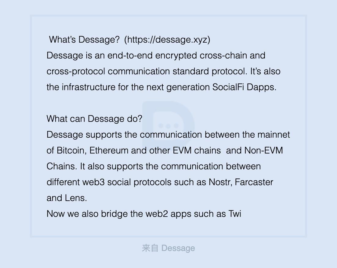 Dessage2023's tweet photo. What’s Dessage？(https://t.co/ilmOOxjjRZ)
Dessage is an end-to-end encrypted cross-chain and cros...
当前彩池: 0.003ETH，给本推文投票并���与彩池 链接:https://t.co/50HMQv4UlG https://t.co/FSMULWtBgm