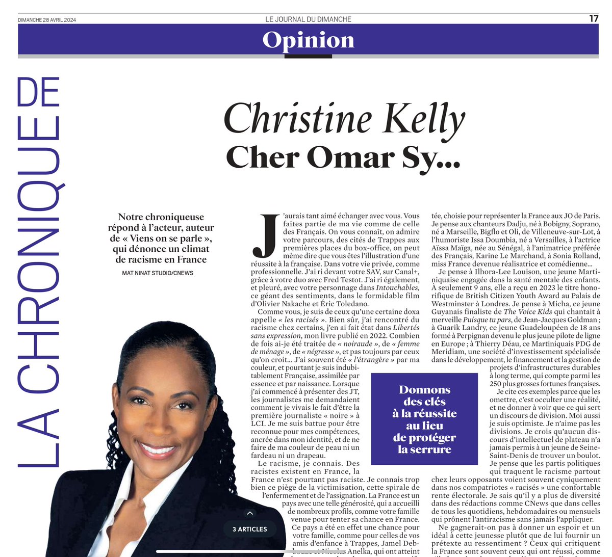 Qui d’autre que @christine_kelly pouvait adresser une merveilleuse lettre à @OmarSy que j’invite à lire son livre « Libertés sans expression » 😉
Tous ces artistes qui ont réussit, adulés par les français qui les vomissent ensuite, les traitent de racistes. 
Tristesse infinie 😢