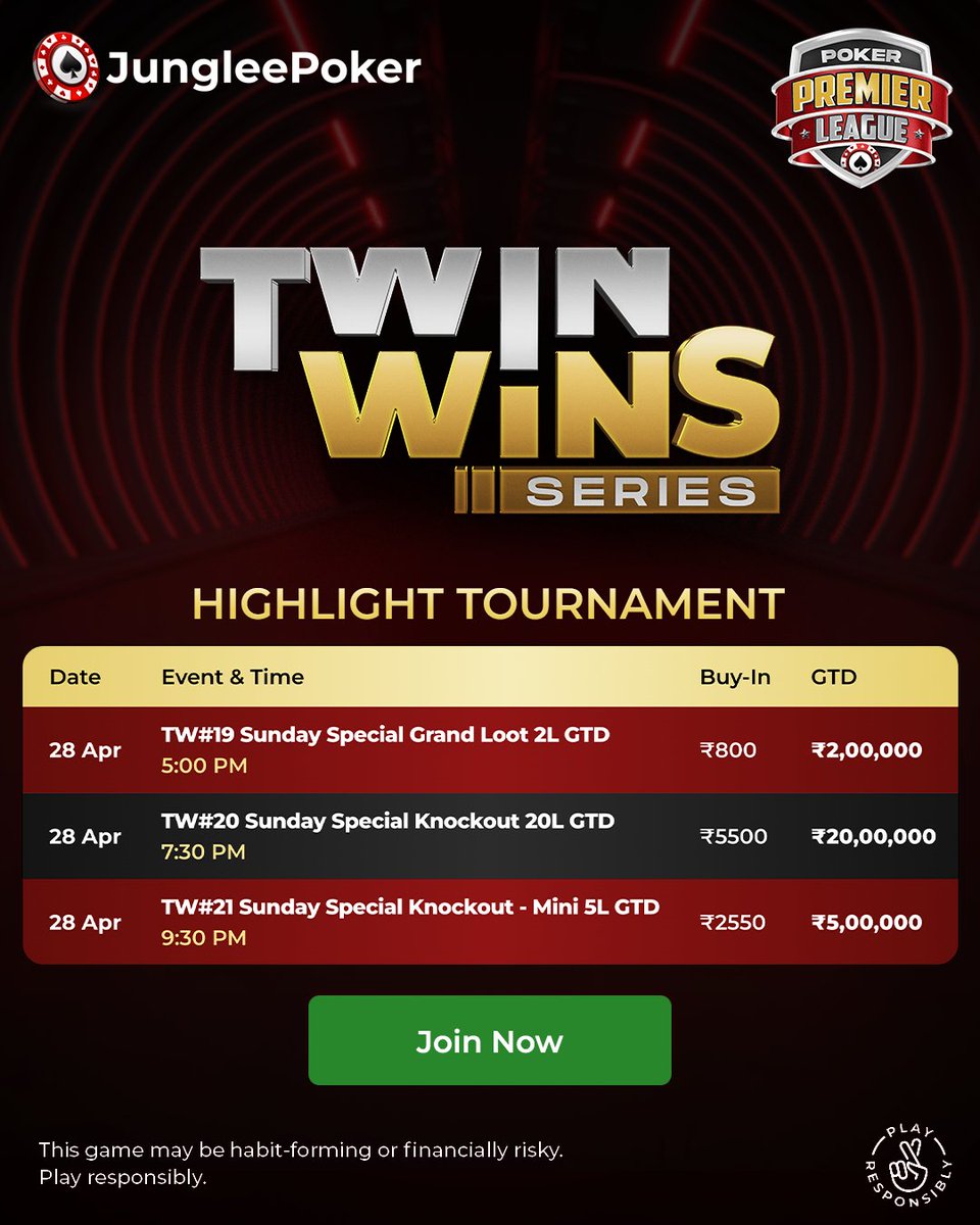 🚨 Final Call For Junglee Poker's PPL Series 3 #TwinWinsSeries! 🚨

📣 Tonight marks the grand finale of @junglee_poker`s ₹10+ Crore GTD #PokerPremierLeague, culminating in the breathtaking ₹1+ Crores GTD #PPLSeries3 #TwinWinsSeries! 

🎉 Get ready for a blockbuster Sunday with