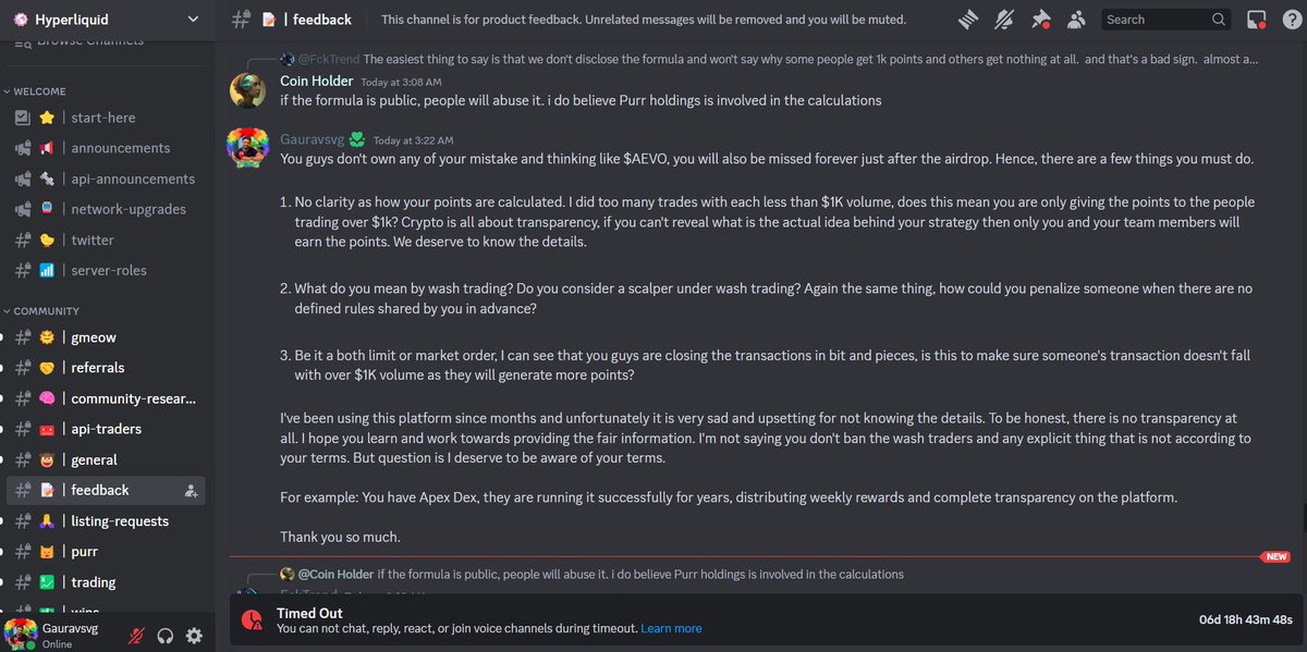 @HyperliquidX I know your project is dead just after the #airdrop this will be because of your arrogance.

I shared a feedback over group and they blocked me from #discord for 7 days.

@CryptoPointHi @CryptooAdy @pushpendrakum @MoneyGuruYT - you guys have to pick this up.