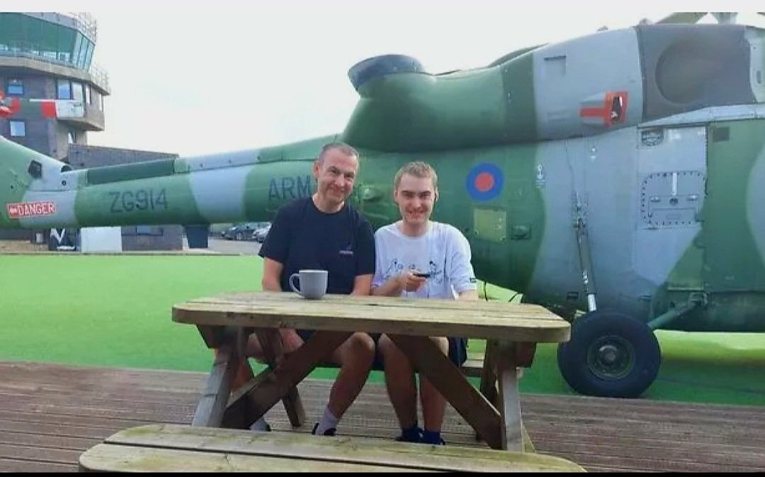 Morning all, here's one of my favourite pictures of us, taken a few years ago, when we stayed at a former RAF camp, Ryan loved it, he got to sleep in a helicopter🚁 , which had a tv and a fridge loaded with goodies. Have a great day everyone.
