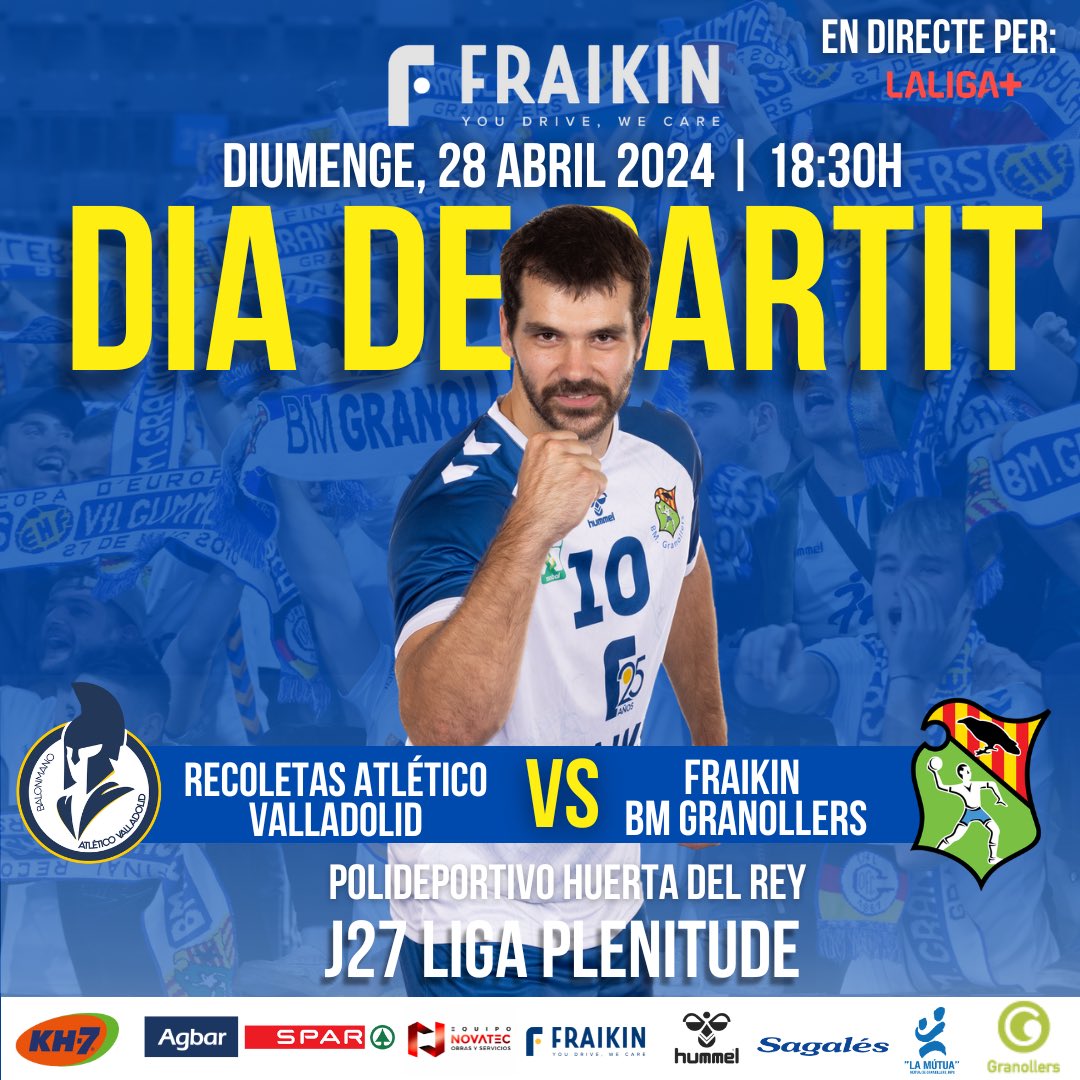 ⚡️𝐃𝐈𝐀 𝐃𝐄 𝐏𝐀𝐑𝐓𝐈𝐓⚡️ ⚔️ Recoletas Atlético Valladolid 🆚 Fraikin BM Granollers 🗓️ Avui, diumenge 28 d’abril ⏰ 18:30h 🏆 Jornada 27 @ASOBAL 🏟️ Polideportivo Huerta del Rey 📺 LaLiga+ Som-hi equip!💪🏻 #OrgullBMG⚪️🔵