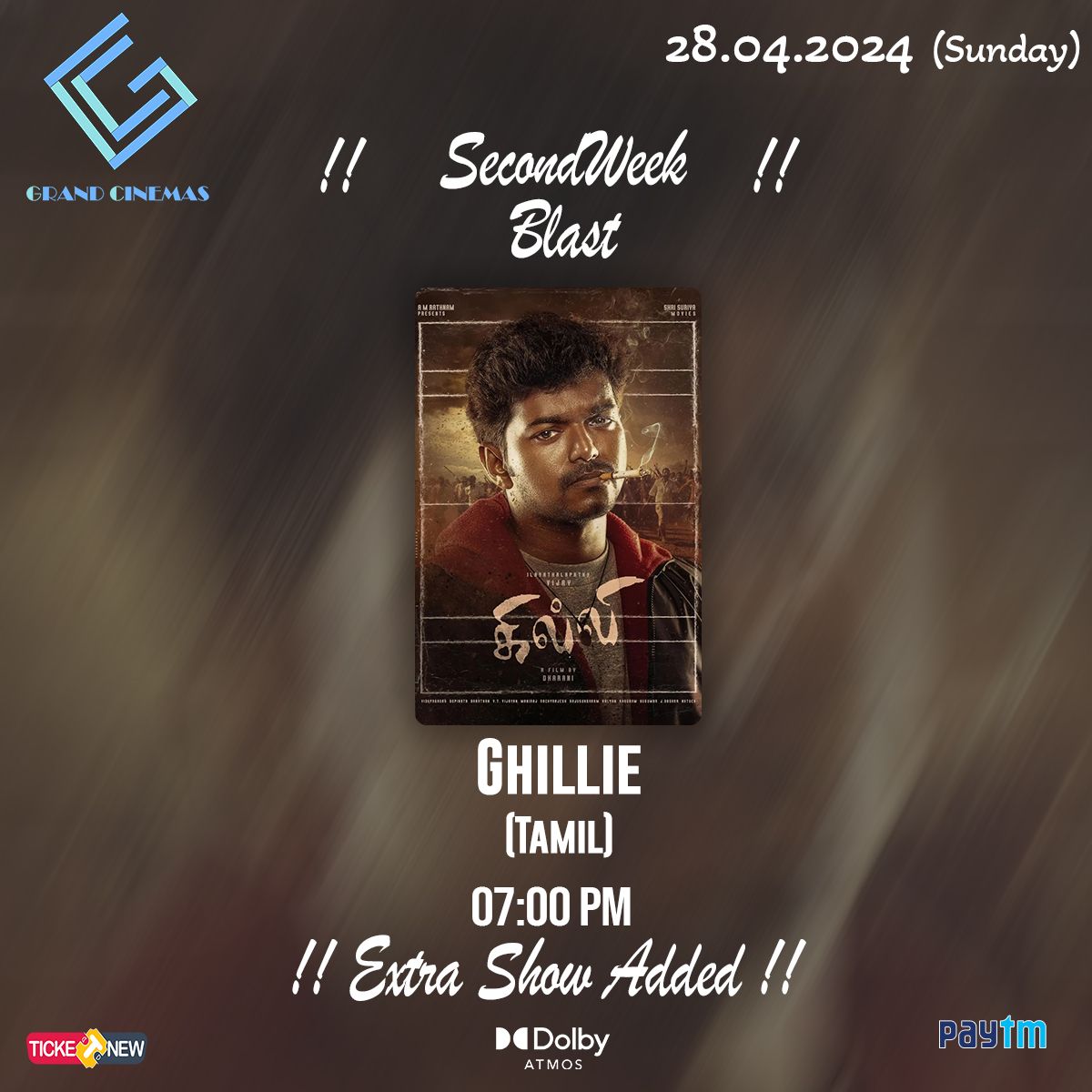 Extra show for Ghilli today.Enjoy the weekend with your families. #GhilliFestival #hosurthalapathyvijayfans #grandcinemashosur