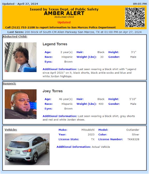 ACTIVE STATEWIDE AMBER ALERT for Legend Torres from San Marcos, TX, on 04/27/2024, TX plate TKK8328