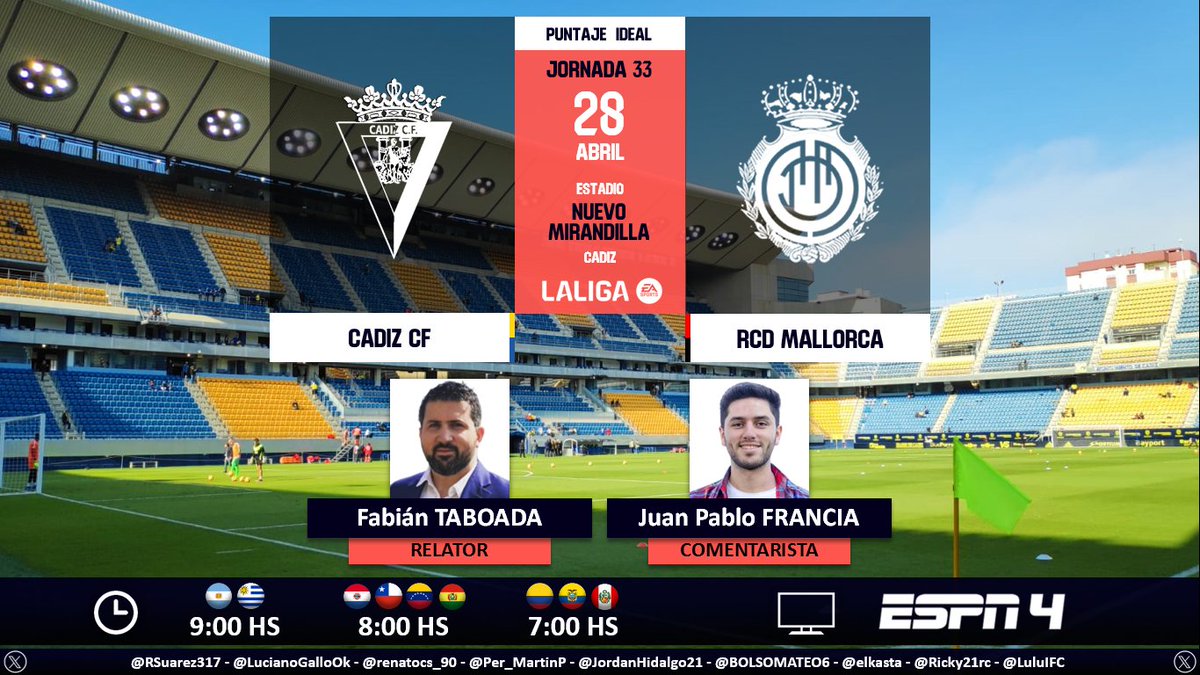 ⚽ #LaLiga 🇪🇸 | #Cádiz vs. #RCDMallorca 🎙 Relator: @FabiTaboadaok 🎙 Comentarista: @juampifrancia 📺 #ESPN4 Sudamérica 💻📱@StarPlusLA 🤳 #LaLigaxESPN - #ESPNenStarPlus - #CádizRCDMallorca Dale RT 🔃