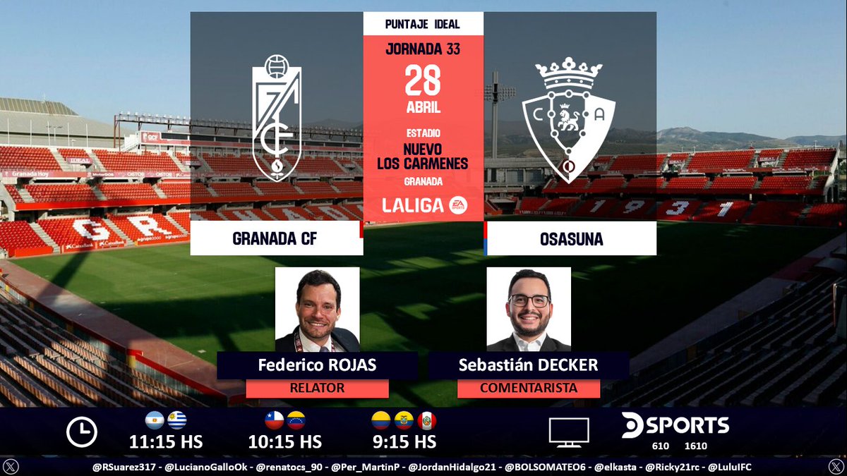 ⚽ #LaLiga 🇪🇸 | #Granada vs. #Osasuna 🎙 Relator: @FDVENE 🎙 Comentarista: @SebasDecker 📺 @DSports (610-1610 HD) Sudamérica 💻📱@DGO_Latam 🤳 #LaLigaEnDSPORTS - #GranadaOsasuna Dale RT 🔃